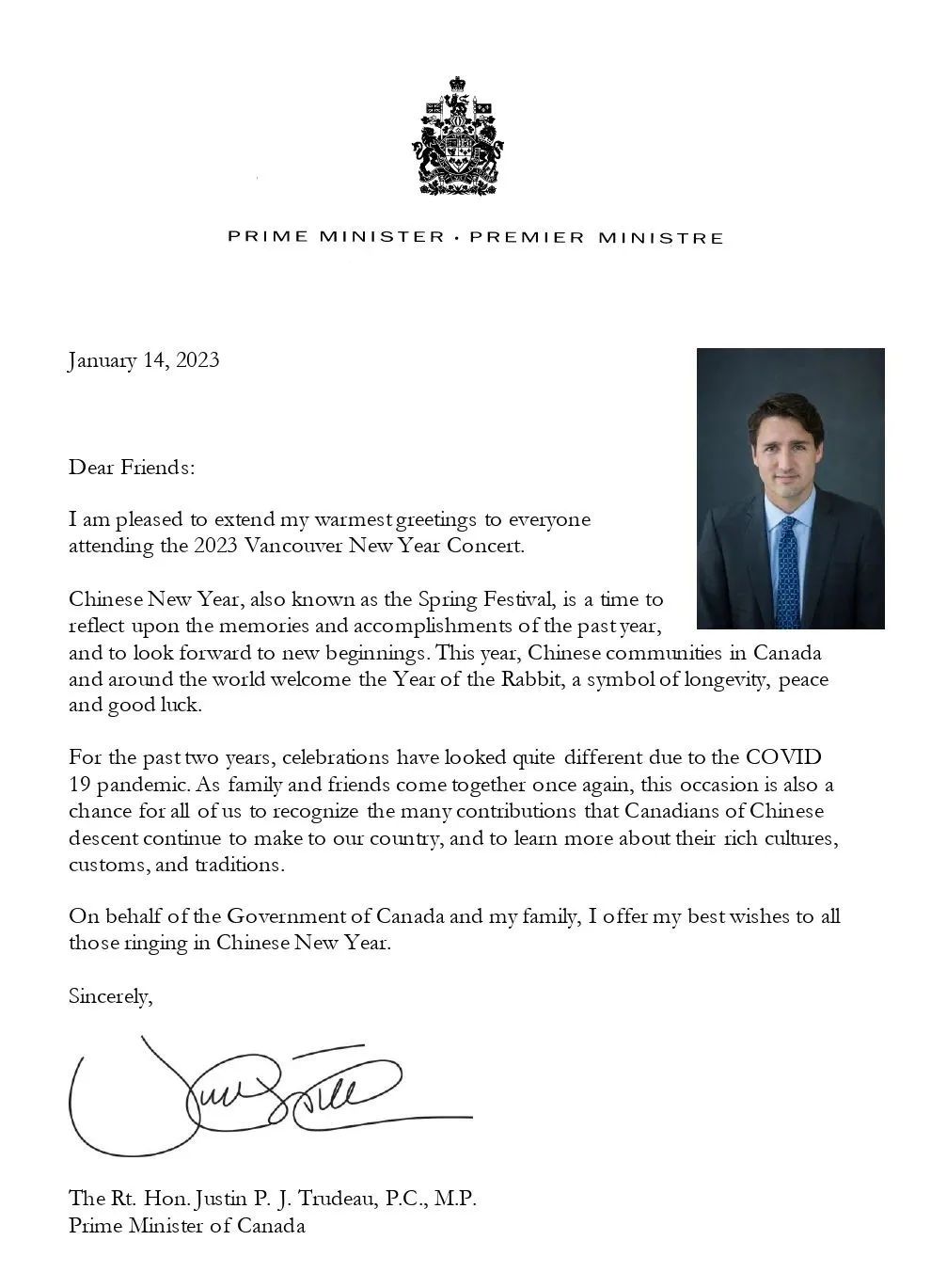 加拿大总理 Justin Trudeau 贺信